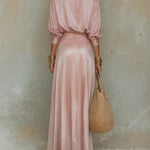 Rosalind | Two-piece satin set with button shirt and tie-waist maxi skirt