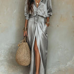 Rosalind | Two-piece satin set with button shirt and tie-waist maxi skirt