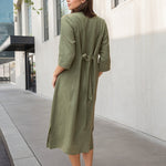 Linen V-neck Bow Midi Dress