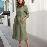 Linen V-neck Bow Midi Dress