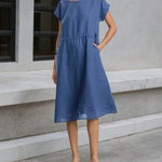 Round Neck Cap Sleeved Linen Dress