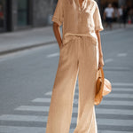 Linen V-Neck Button Casual Two-Piece Set