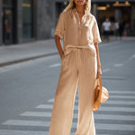 Linen V-Neck Button Casual Two-Piece Set