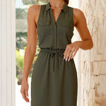 V-neck Metal Button Drawstring Utility Dress