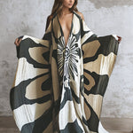 Nadorine Women's Art Kaftan Black And White Linen V-Neck Long Gown Dress
