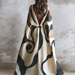 Nadorine Women's Art Kaftan Black And White Linen V-Neck Long Gown Dress