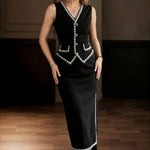 Luxury Contrast Trim Vest Bodycon Skirt Suit