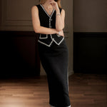 Luxury Contrast Trim Vest Bodycon Skirt Suit