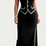 Luxury Contrast Trim Vest Bodycon Skirt Suit