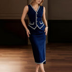 Luxury Contrast Trim Vest Bodycon Skirt Suit
