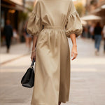 Elegant Puff Sleeve 100% Cotton Midi Dress