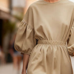 Elegant Puff Sleeve 100% Cotton Midi Dress