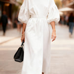 Elegant Puff Sleeve 100% Cotton Midi Dress