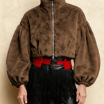 Trendy Fuzzy Puff Sleeve Cropped Jacket