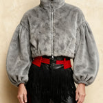 Trendy Fuzzy Puff Sleeve Cropped Jacket