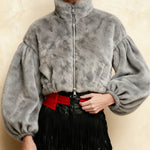 Trendy Fuzzy Puff Sleeve Cropped Jacket