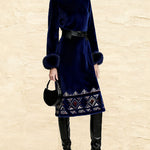 Retro Chic Plush Trim Suede Dress