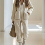 Nadorine Women's Casual Loose Sherpa Fleece Hooded Jumpsuit