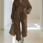 Nadorine Women's Casual Loose Sherpa Fleece Hooded Jumpsuit