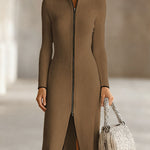 Modern Ribbed Textured Front Zip Dress