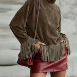 Retro Tassel Turtleneck Suede Top