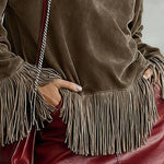 Retro Tassel Turtleneck Suede Top