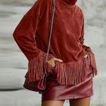 Retro Tassel Turtleneck Suede Top