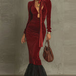 Nadorine Women's Deep V-Neck Bodycon Lace Hem Maxi Dress