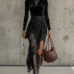 Elegant Velvet Turtleneck Top and Lace Wrap Skirt