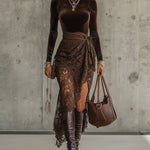 Elegant Velvet Turtleneck Top and Lace Wrap Skirt