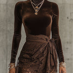 Elegant Velvet Turtleneck Top and Lace Wrap Skirt