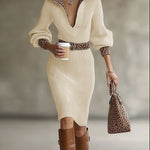 Ribbed Knit Leopard Print Patchwork Sweater Dress