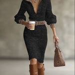 Ribbed Knit Leopard Print Patchwork Sweater Dress
