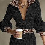 Ribbed Knit Leopard Print Patchwork Sweater Dress
