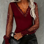 Nadorine Sparkling Sheer Sleeves Lace Collar Top for Women Elegant Date Night Party 2026 | Under $40