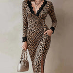 Nadorine Elegant Lace Spliced Leopard Midi Dress for Women Casual Elegant Summer 2026 Work Brunch
