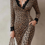 Nadorine Elegant Lace Spliced Leopard Midi Dress for Women Casual Elegant Summer 2026 Work Brunch