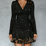 Shiny Sequin V-Neck Long Sleeve Mini Dress