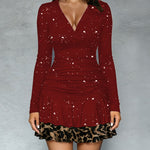 Shiny Sequin V-Neck Long Sleeve Mini Dress