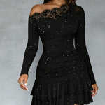 Stylish Off-the-Shoulder Lace Trim Ruffled Dress