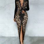 Fashion Deep V-neck Leopard Bodycon Maxi Dress