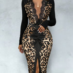Fashion Deep V-neck Leopard Bodycon Maxi Dress