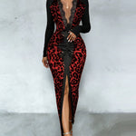 Fashion Deep V-neck Leopard Bodycon Maxi Dress