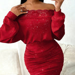 Glitter Off The Shoulder Ruched Bodycon Dress