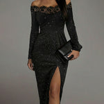 Sequin Lace Off-the-Shoulder Slit Hem Dress