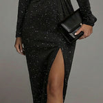 Sequin Lace Off-the-Shoulder Slit Hem Dress