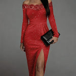 Sequin Lace Off-the-Shoulder Slit Hem Dress