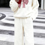 Nadorine Cozy Plush Fabric Bow Pattern Casual Set