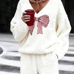 Nadorine Cozy Plush Fabric Bow Pattern Casual Set