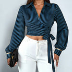 Nadorine Stylish Striped Long Sleeve Wrap Crop Top for Women Casual Work Office Loose Fit 2026 | Under $40